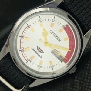 Vintage 1978 Citizen Automatic Mens Silver Watch W/daydate & Red accents